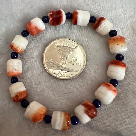 12mm Spiny Oyster & Lapis Lazuli Southwestern Stretchy Bracelet Size 5.75+ - Picture 5 of 11